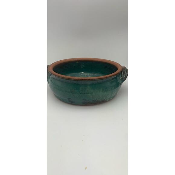 Vintage Signed Art Pottery Bowl Blue Drop Glaze Handles 8+ Inches Wide - Picture 2 of 7